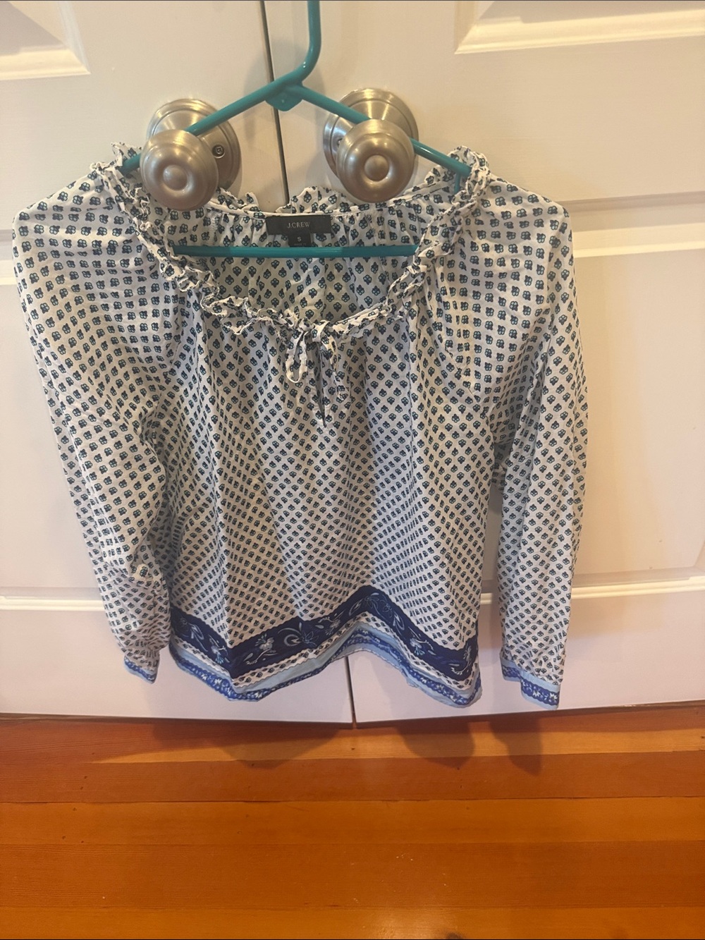 J. Crew Blue and White with a touch of teal Printed Peasant Blouse